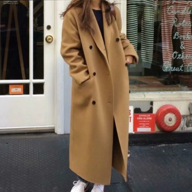

2021 Korean ladies autumn and winter double-breasted long wool coat ladies long-sleeved notched collar coat parka retro