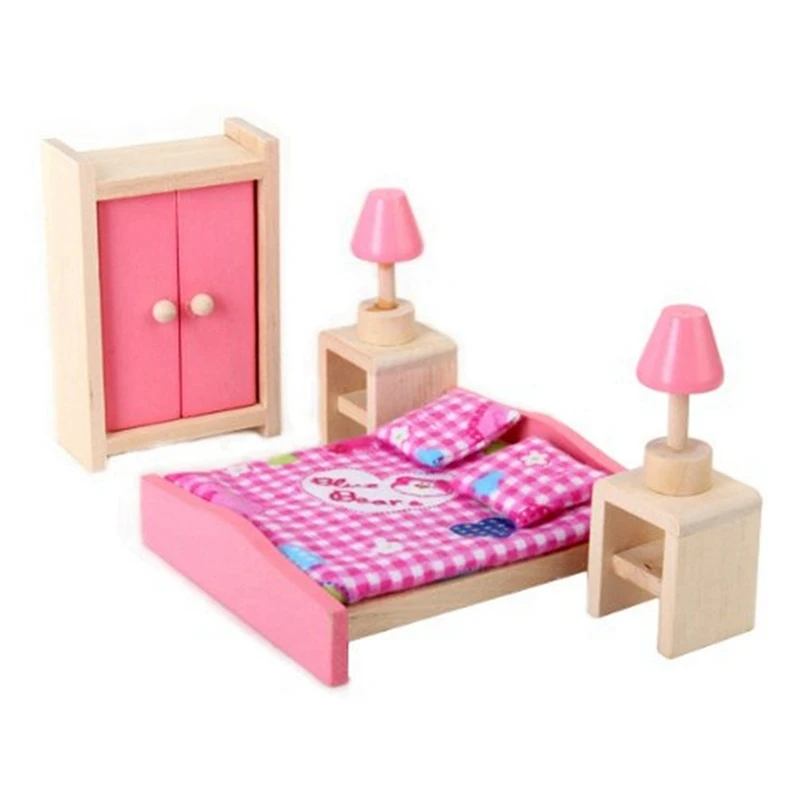 

5Pcs Colorful Wooden Dollhouse Furniture Bathroom Set & 1set Mini Children Wooden Doll House Furniture Kids Bedroom