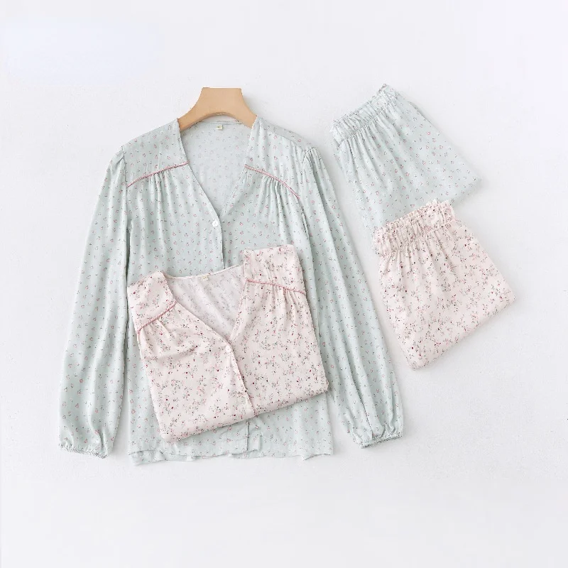 

Pastoral Style Viscose Floral Printed Long-Sleeved Trousers Single-Breasted Pink Green Women Sleepwear Pajamas Set sleepwear