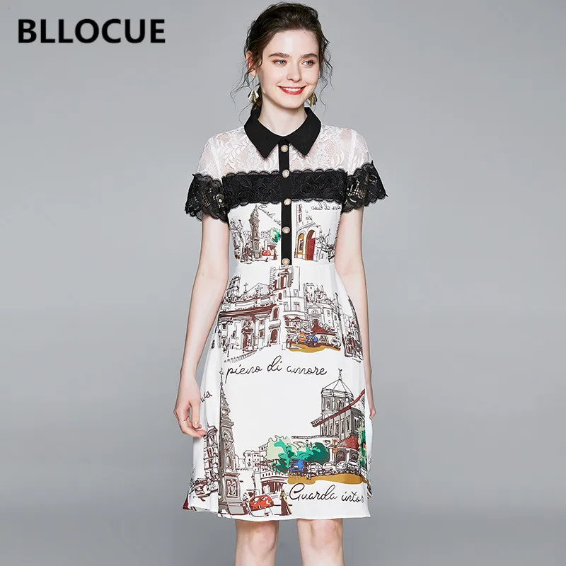 

Женское платье с коротким рукавом BLLOCUE, летнее кружевное лоскутное платье средней длины с оборками и жемчужными пуговицами, элегантное плат...