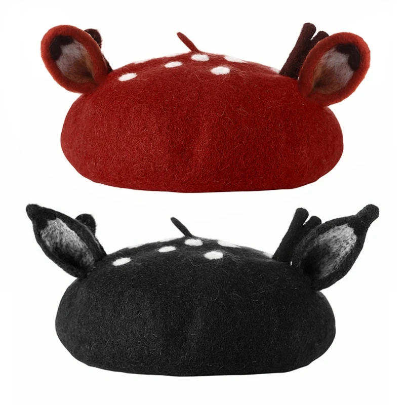 

Women Girls Christmas Beret Cute 3D Reindeer Antler Ears Faux Felt Painter Student Winter Warm Animal Mushroom Hat