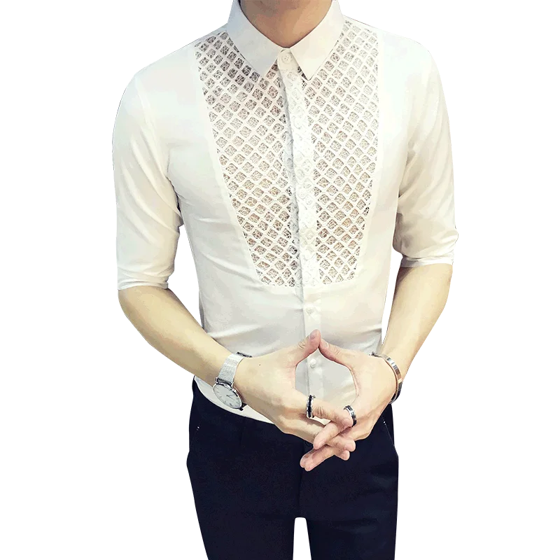 

2020 Casual Slim Fit Shirt Men Half Sleeve Hollow See Through Shirts Night Club Party Streetwear Blouse Homme Camisa Masculina