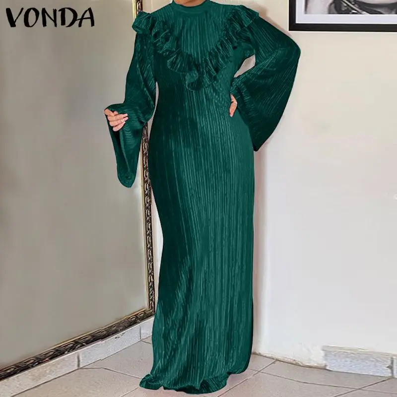 

Women Long Sleeve Elegant Dress 2021 VONDA Autumn Flare Sleeves Ruffled Maxi Dresses Casual Loose Sundress Pleated Vestido Robe