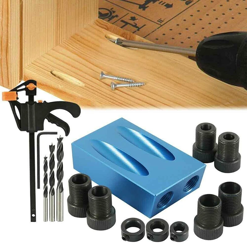 

Woodworking Oblique Hole Locator Drill Bits Pocket Hole Jig Kit 15 Degree Angle Drill Guide Set Hole Puncher DIY Carpentry Tools