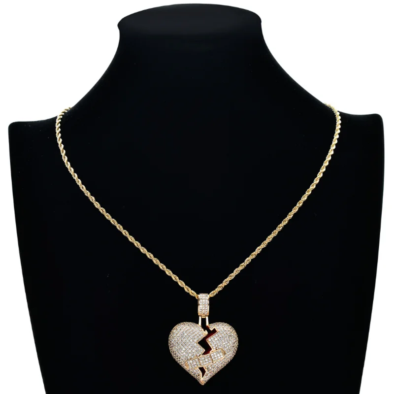 

Hip Hop Rhinestone Necklace Ice Out Broken Heart Pendant Cubic Zircon Chain Men Women Jewelry For Gift
