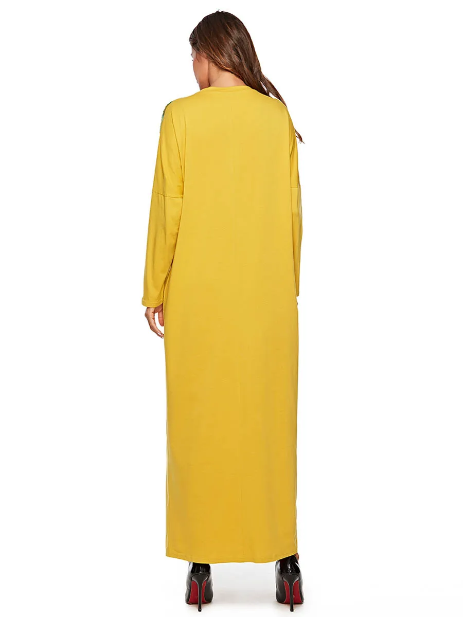 Мусульманская мусульманская одежда желтая расшитая свободная с длинным рукавом