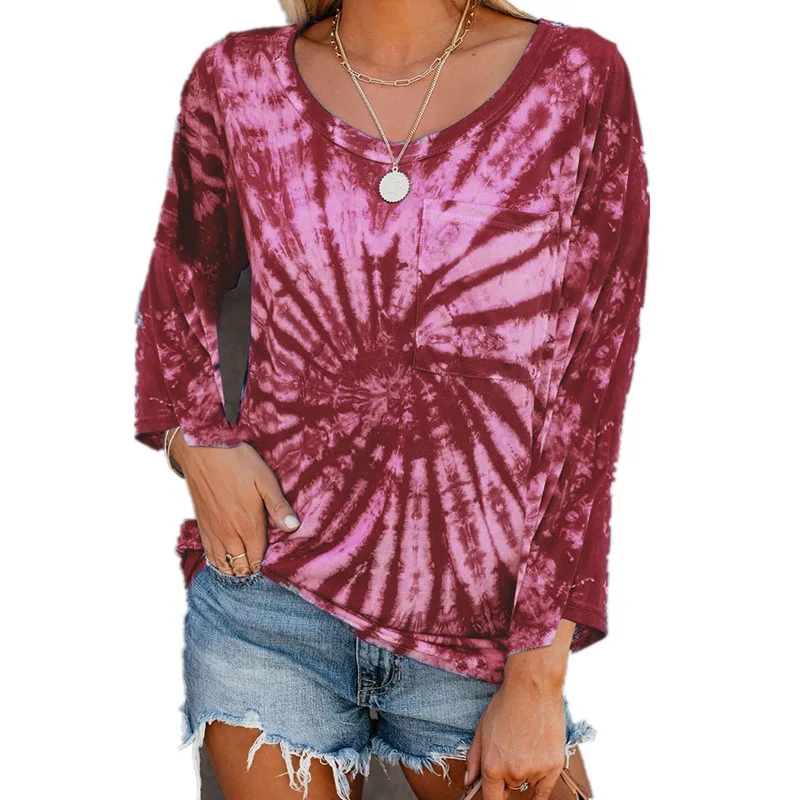 

2020 Autumn and Winter New European and American Explosions Women's Round Neck Pocket Tie-dyed Long Sleeve Loose T-shirt