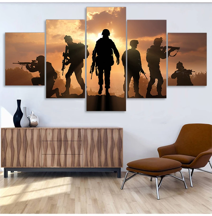HD Printed 5 Piece Patriotic US military Painting soldiers Canvas with army Sunset Wall Pictures for Living Room battlefield - купить по