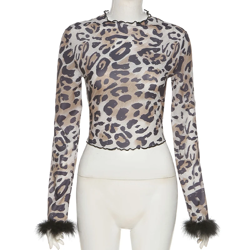 

Women's Pullovers Nightclub style design fashion short open navel Leopard print casual top clothing