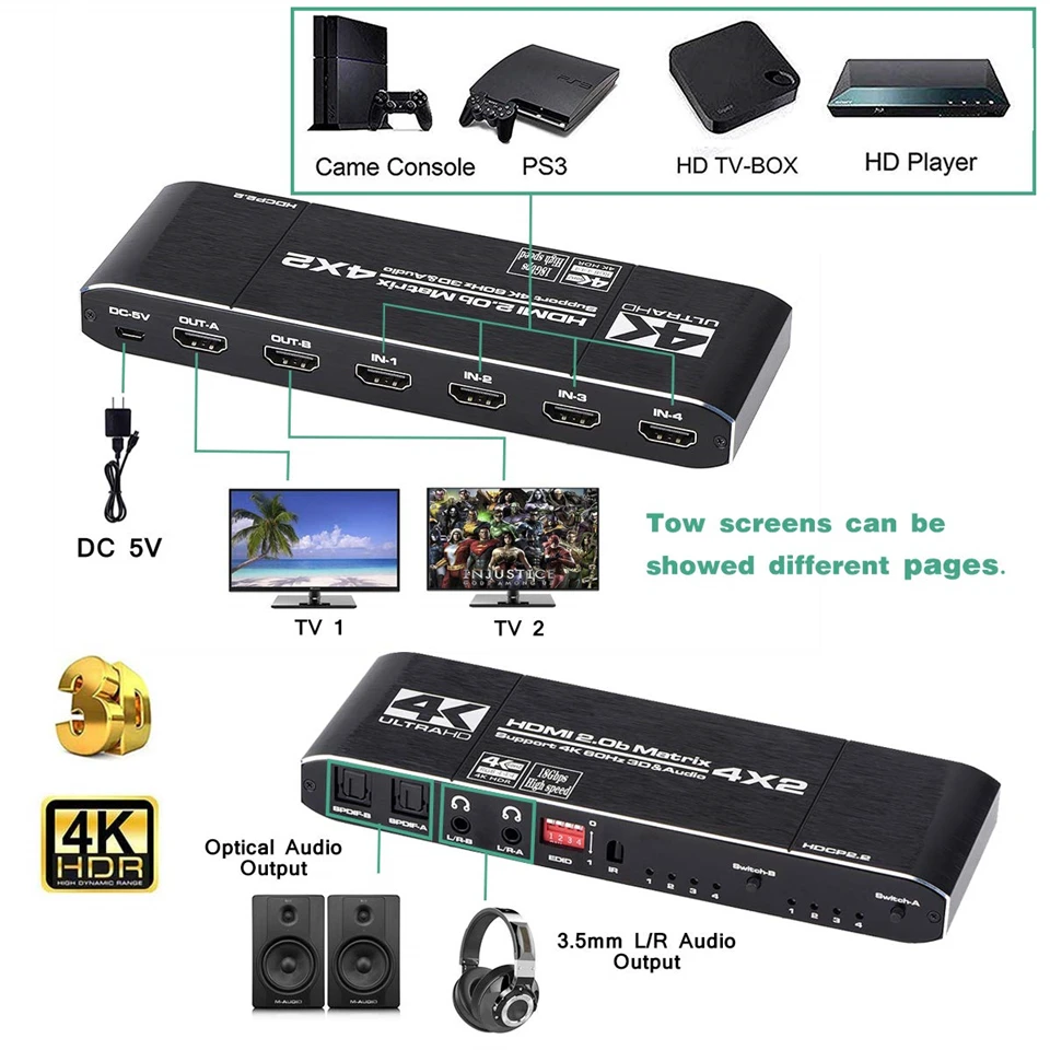 HDMI матрица OUIO 18 5 Гбит/с 4x2 4K @ 60 Гц переключатель сплиттер с SPDIF и L/R 3 мм HDR 4x 2