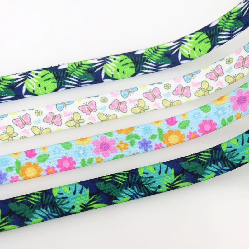 

DHK 5/8'' 50yards Leaf Flowers Butterfly Printed Fold Elastic FOE Stretch Ribbon Hairbow Headwear Headband DIY OEM S1489