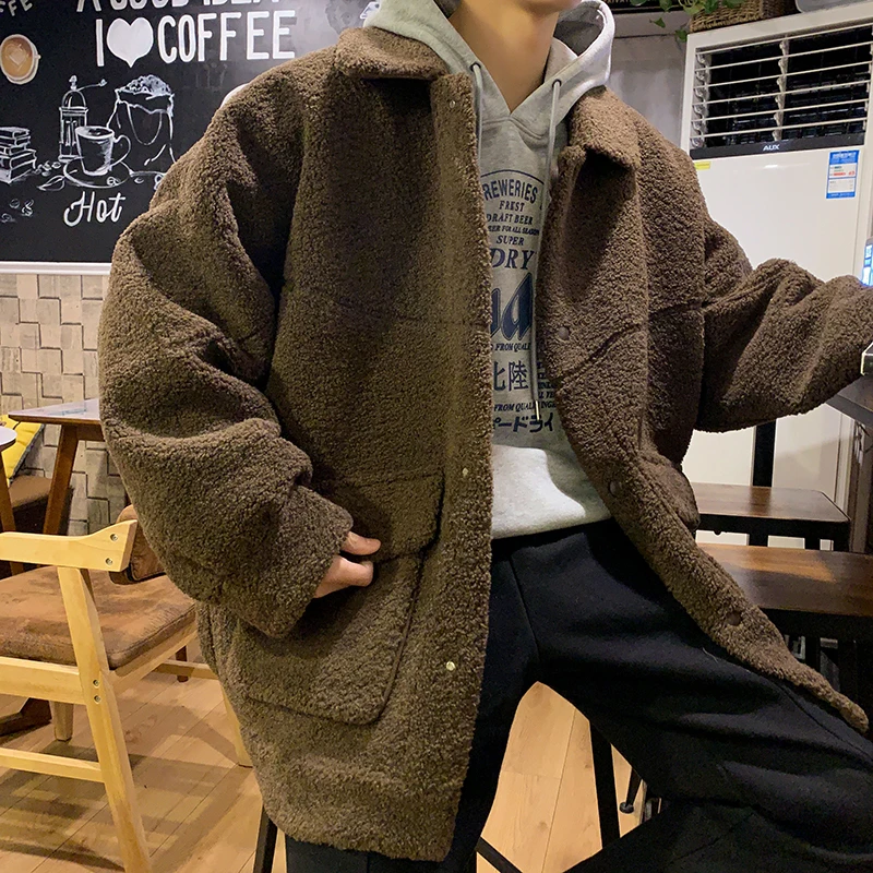 Winter Thick Lamb Fur Jacket Men Warm Fashion Casual Short Coat Men Loose Retro Brown Gray White Coat Mens Cotton Outerwear