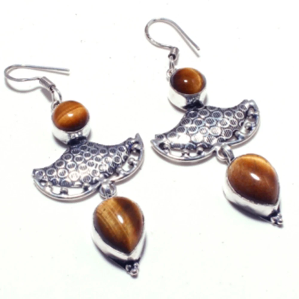 

Genuine Tiger Eye Silver Overlay Copper Earring , Hand made Women Jewelry Gift, E5209