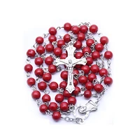 religious 6mm red rosary beads plastic 1pc fashion cross cathol women cross jewelry pendant necklace
