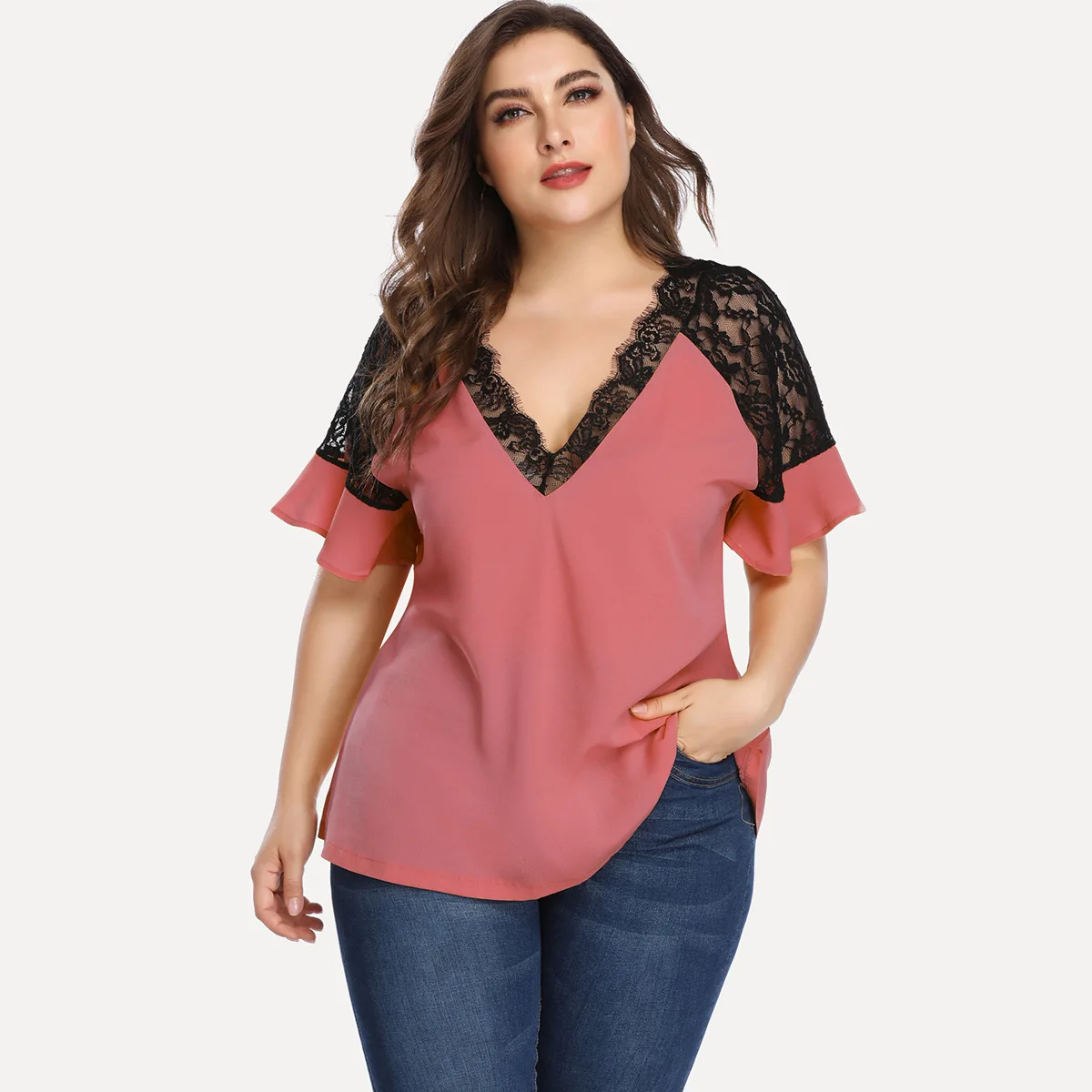

Plus Size 2021 Summer Woman Blusa Mujer Lace Chiffon Blouse Women Shirt Short Sleeve Contrasting VNeck Stitching Tops Ladies