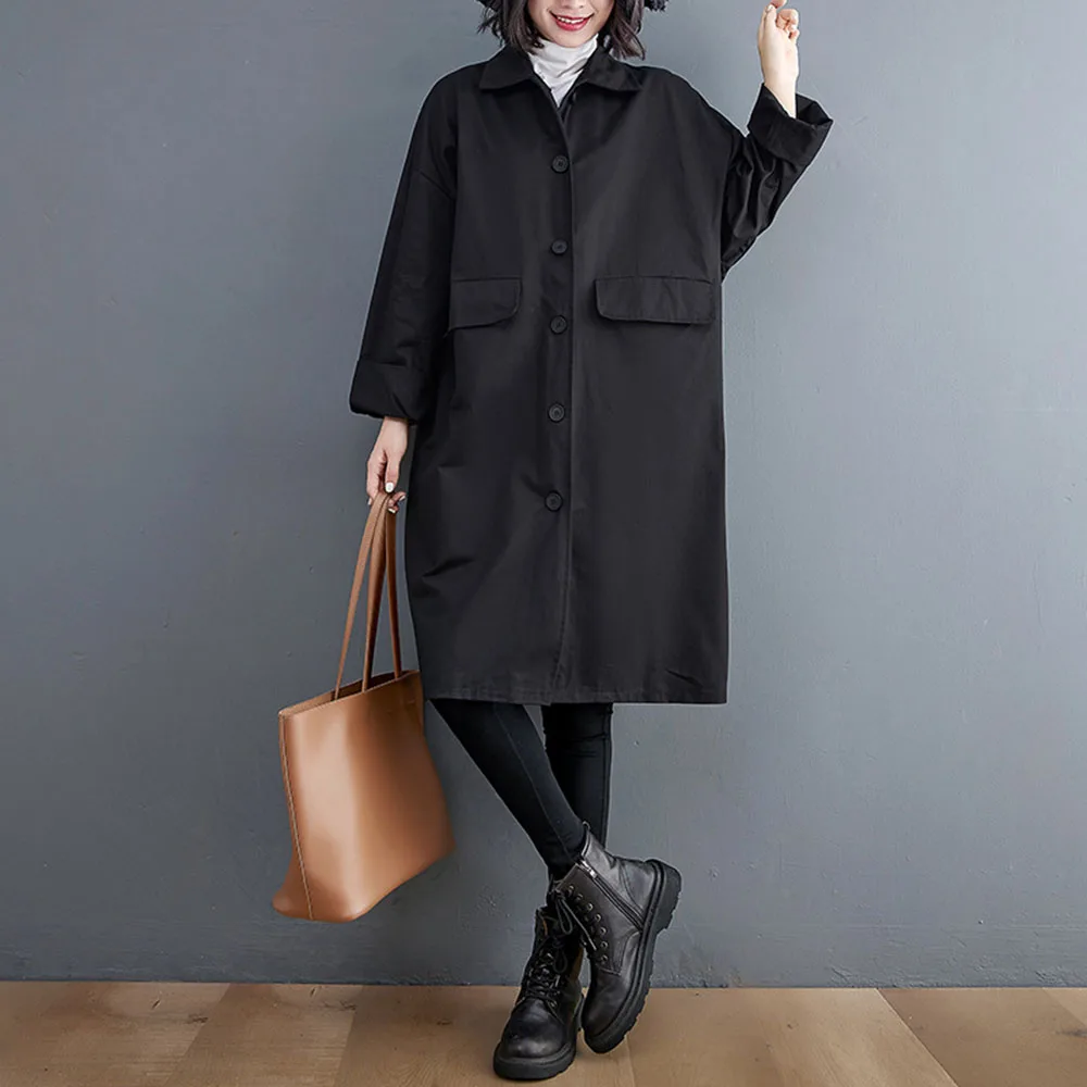 

New Autumn Winter Trench Coat 2021 Fashion Womens Solid Color Single Breasted Long Loose Casual Lapel Long Sleeve Women