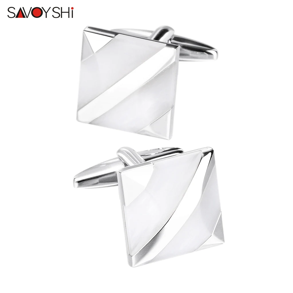 

SAVOYSHI Luxury White Opal Cufflinks for Mens Shirt Cuffs High Quality Cuff links Wedding Gift Jewelry Free Engraving Name