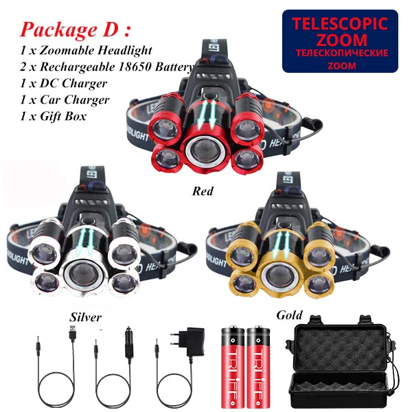 Package D Светодиодный налобный фонарь для рыбалки, ультра яркий, 5T6, налобный светильник с зумом, 18650, налобный фонарь, 4 режима, перезаряжаемый, налобный светильник для кемпинга - Испускаемый цвет: Package D