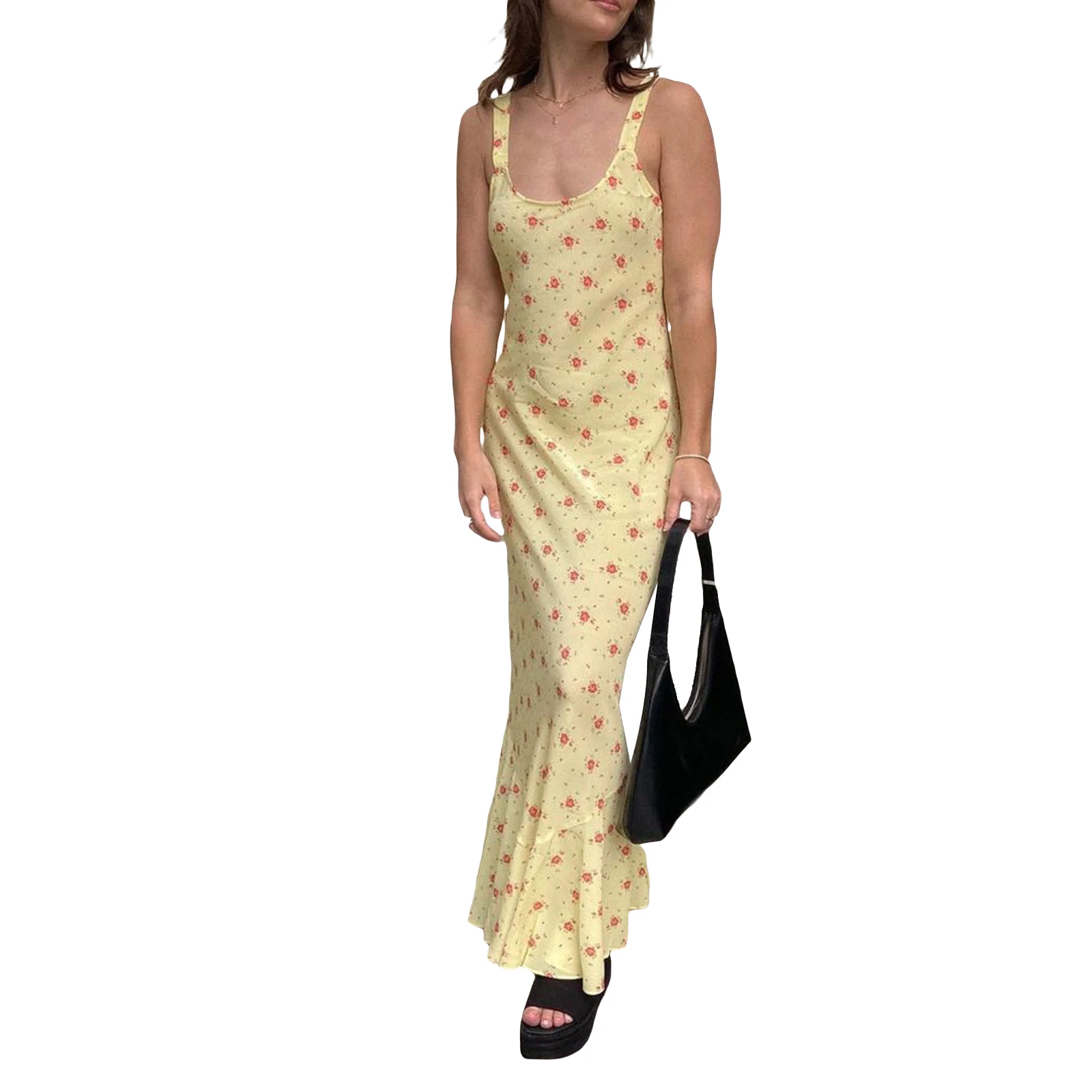 

Summer Women Sleeveless Sling Long Dress Sexy Floral Print U-shaped Neck Dress