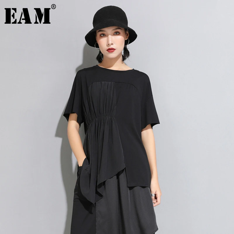 Женская Асимметричная футболка EAM черная плиссированная сложного кроя с круглым