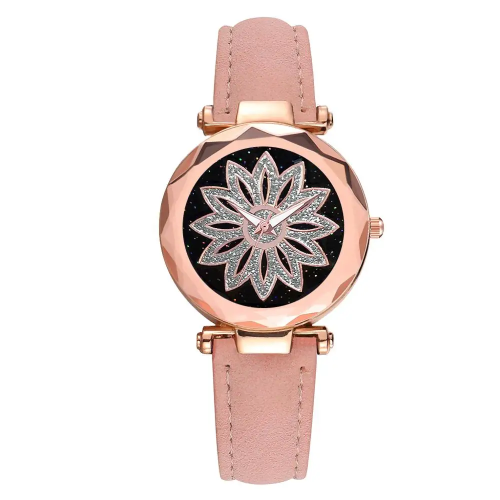 

Женские кварцевые часы со стразами, кожаные часы с большим циферблатом, с кристаллами и цветком, наручные часы с браслетом, Relogio Feminino