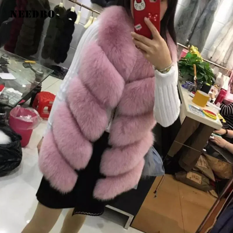 NEEDBO Faux Fur Vest Coat Ladies Winter Warm Faux Fur Jacket Coat Oversize Outerwear Ladies Female Fur Soft Fluffy jacket Women