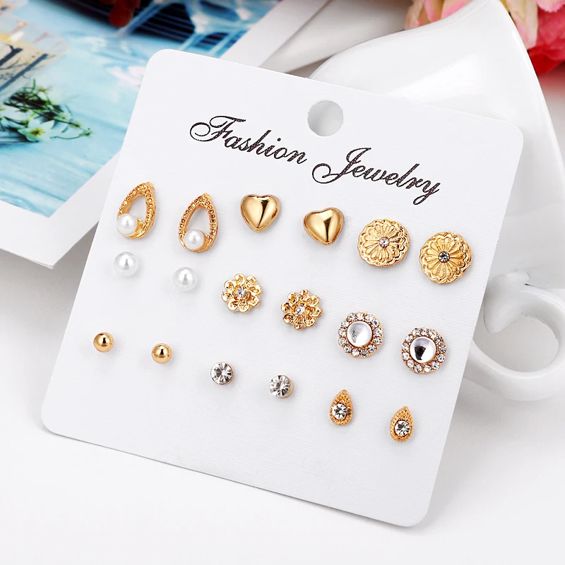 9 пар/компл. серьги-гвоздики набор с карточкой прозрачный циркон имитация жемчуга