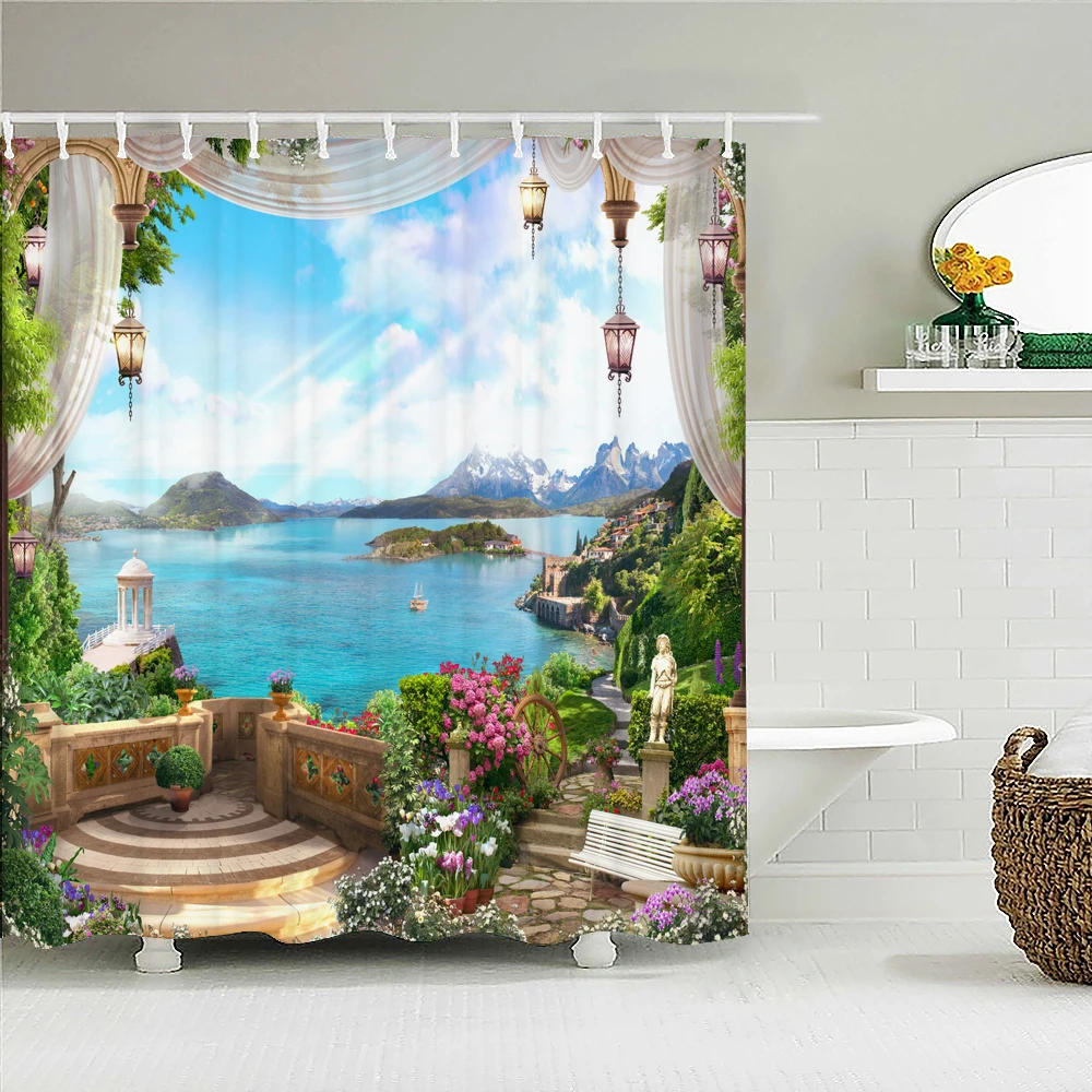 

European Style Rural Scenery Print Shower Curtain Bathroom Waterproof Shower Curtain Large 180x200cm for Bath Curtain with Hooks