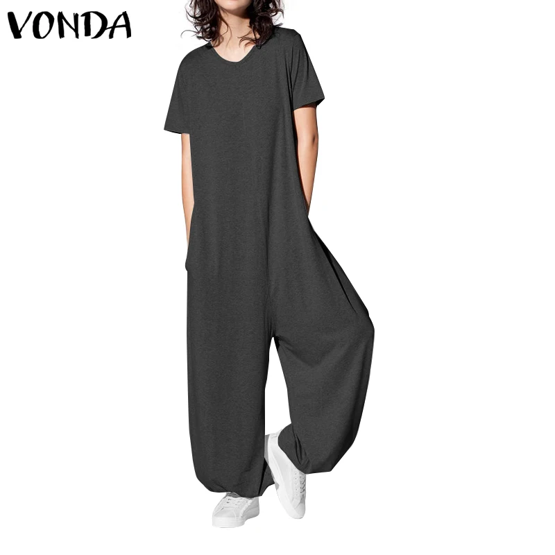 Повседневные Костюмы, женские комбинезоны VONDA, винтажные комбинезоны пляжного типа с короткими рукавами, женские офисные комбинезоны большого размера, свободные штаны - Цвет: Темно-серый