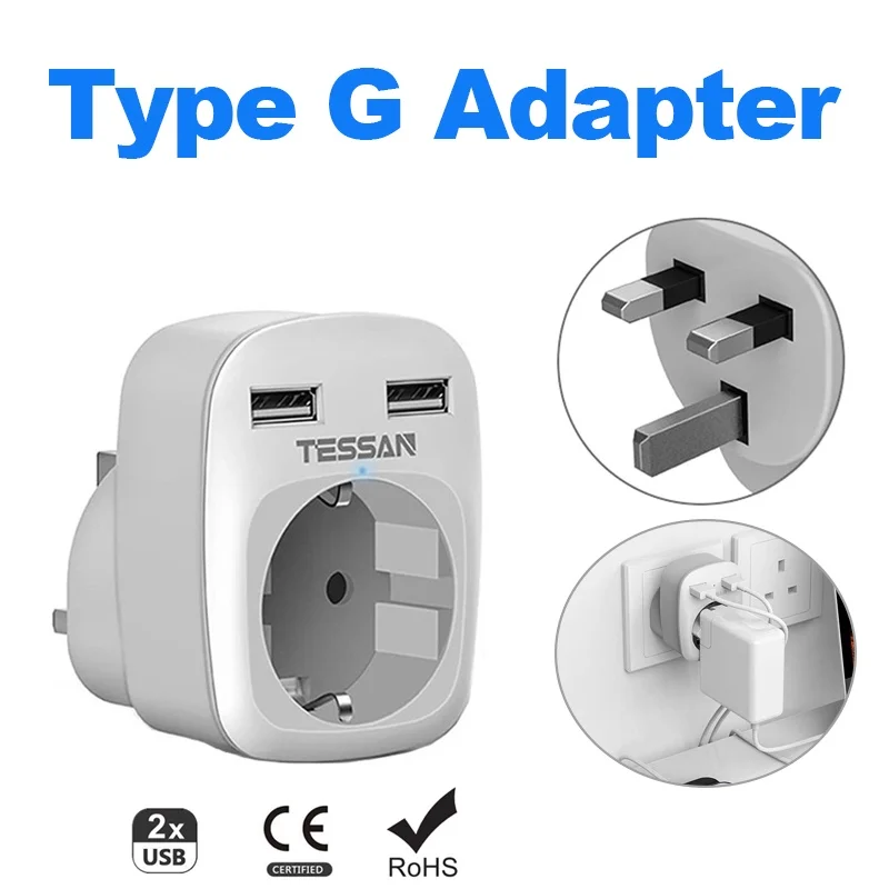 

TESSAN Travel Adapter Plug Socket With 2 USB Ports 1 AC Outlet Wall Socket Adapter Type G for Ireland Scotland British Maldives