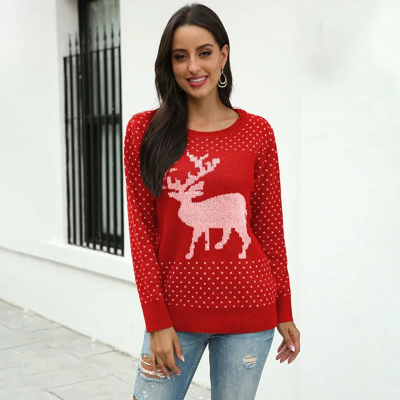 

New Red Green Women's Casual Snowflake Deer Jacquard Christmas Knitted Sweater Vintage Clothes Pullover Jumper