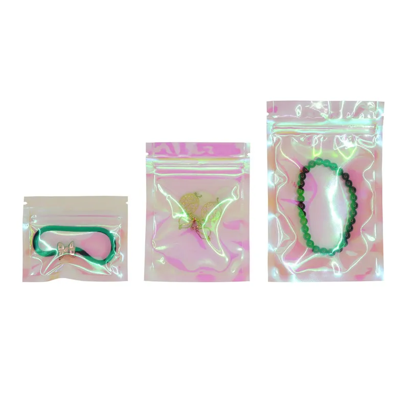 

100Pcs Clear Tear Opening Zip lock Bag Cosmetic Plastic Laser Shining Pouches Holographic Makeup Rainbow Transparent Zipper Bag