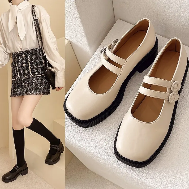 

Mary Jane Shoes Women's Autumn 2021 New Thick-heeled Mid-heel Retro Thick-soled Belt Buckle Square Toe Casual Shoes