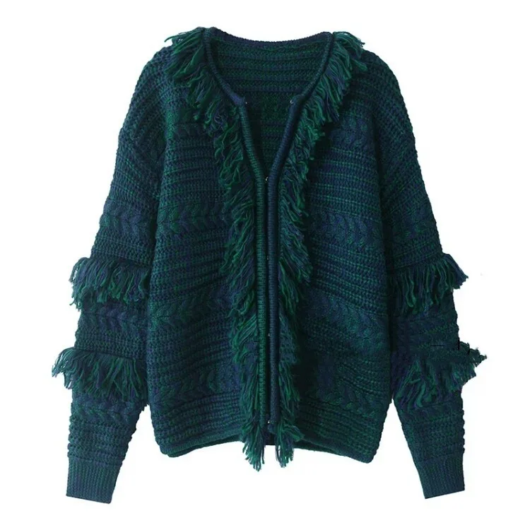 [EWQ] Новинка года; сезон осень-зима; Модный вязаный свитер с длинными рукавами и v-образным вырезом, с открытым стежком и кисточками в стиле пэчворк; Повседневный теплый свитер; AC199