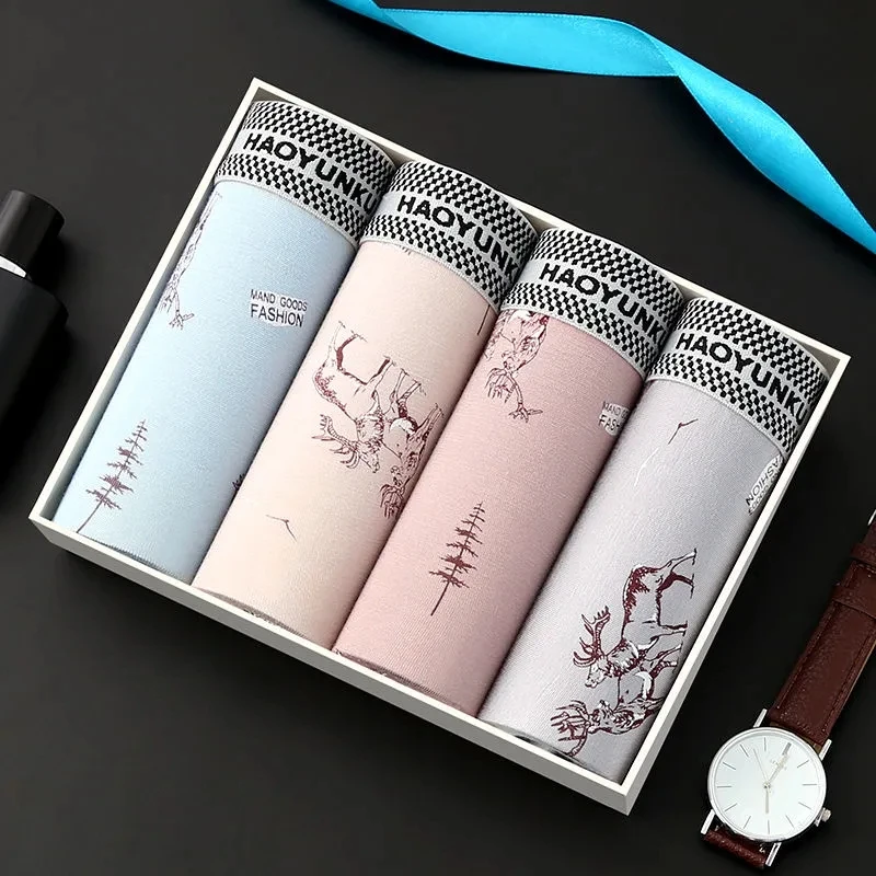 4pcs/Lot Mens Underwear Boxers Cotton Fashion Printed Men Underpants Boxer Shorts Male Panties Pouch Vetement Homme