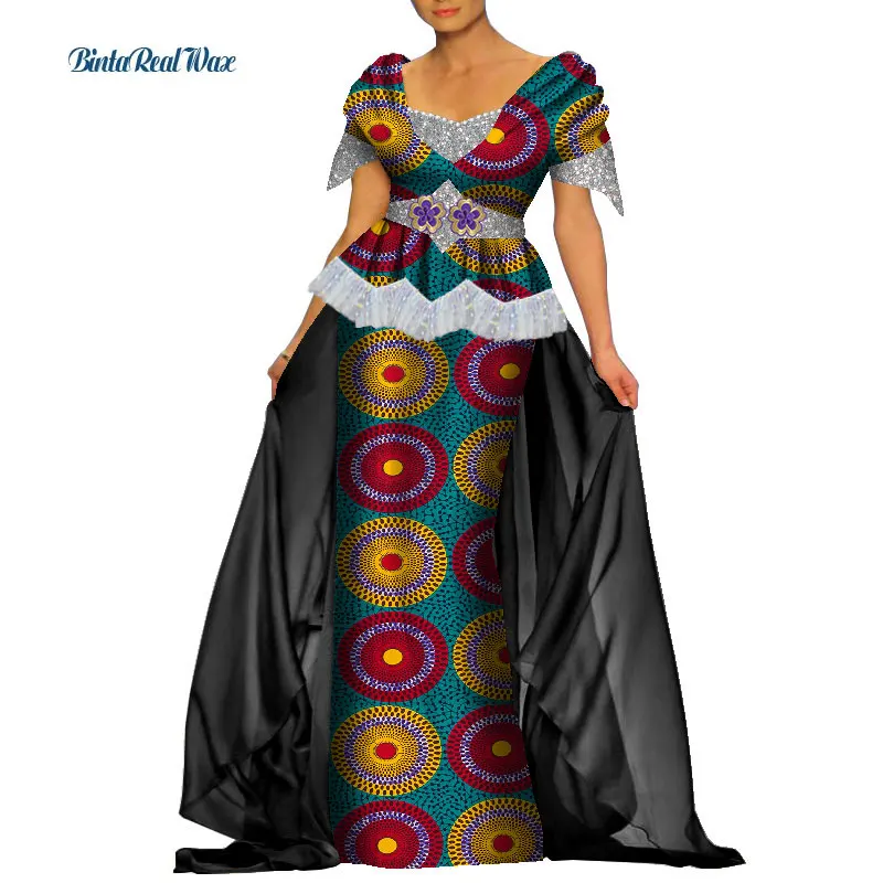 

2021 African Print Dresses for Women Bazin Riche Floor Length Party/Wedding Dresses Vestidos Traditional African Clothing WY9023
