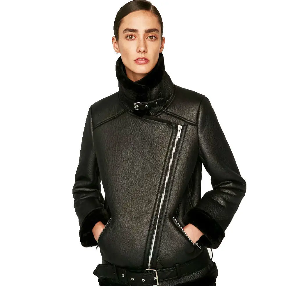 Женская куртка из искусственной кожи Zqlz черная Толстая теплая мотоциклетная на