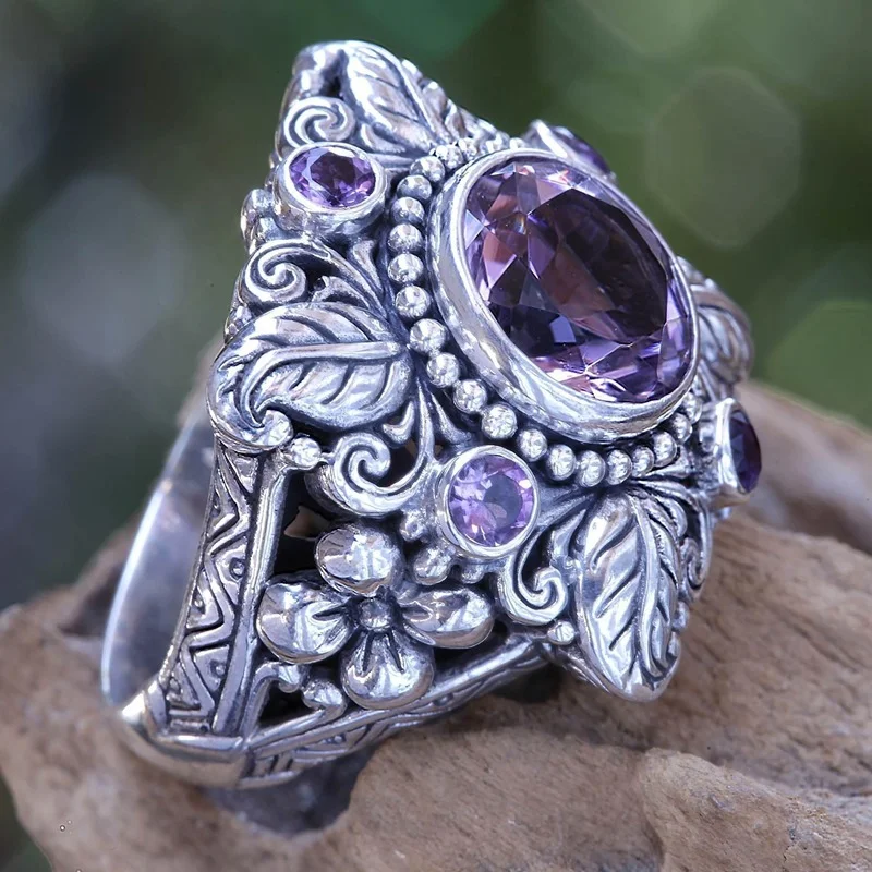 Anillo de amatista de lujo, anillo de flor de hoja de árbol de plata tailandesa de imitación retro europea y americana, nuevo