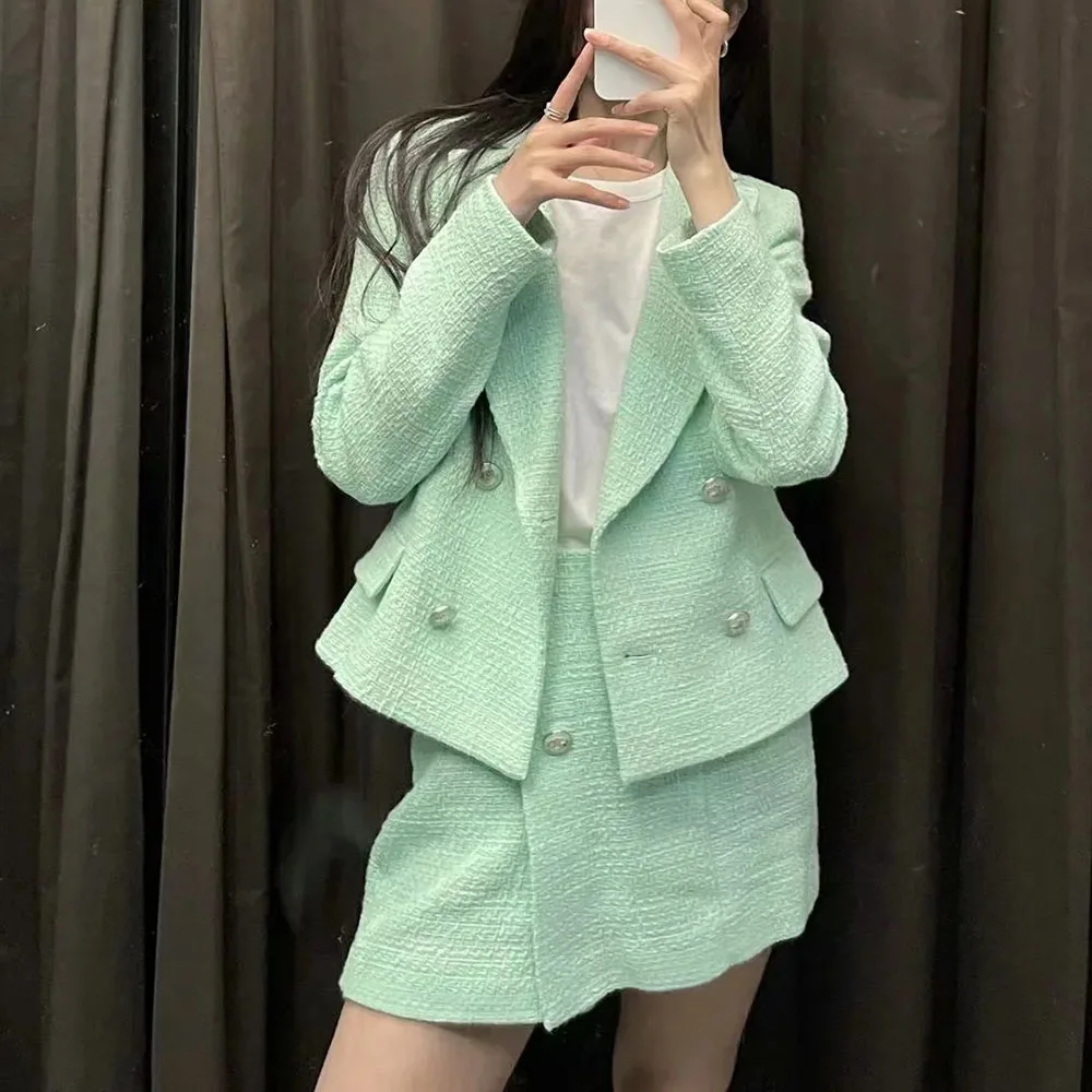 

Tide Za Women Nice Vogue Double Breasted Casual Mint Green Tweed Blazer Coat Female Business Work Office Lady Plus Size