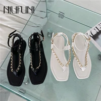summer flip flops metal chain pu leather clip toe sandals slippers flats beach casual slides square toe black white women shoes