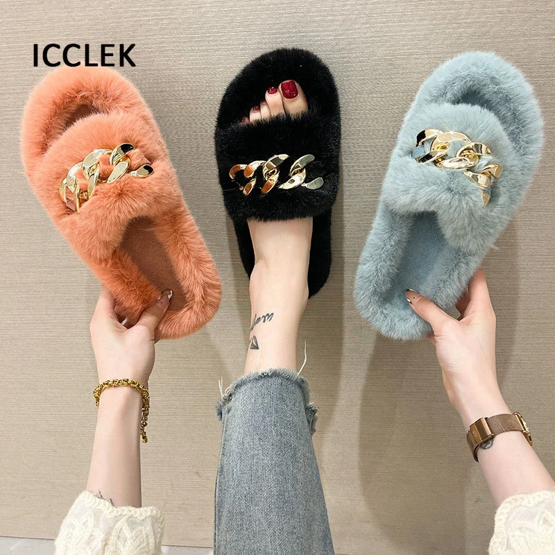 Women House Slippers Winter Faux Fur Slides Indoor Home Slippers Shoes Woman Slip on Furry Slippers Plush Warm Ladies Shoes