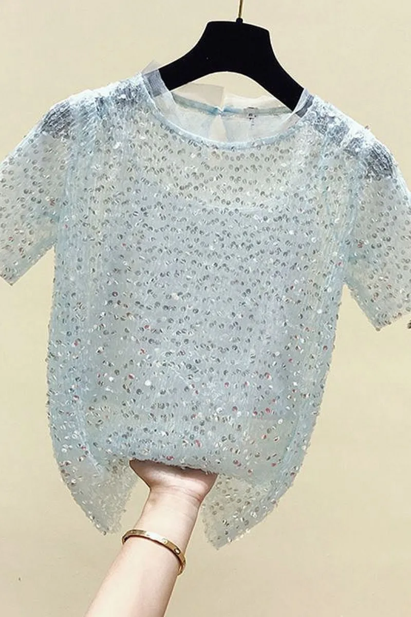 

Women Summer T-shirt 2021 New Sweet Sequined Lace Stitching Two-Piece Sets Top Femme Elegant Gauzy Chiffon Blouse Y2k Aesthetic
