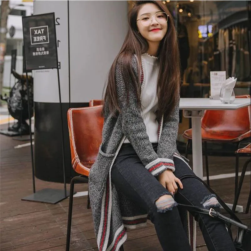 Зимний женский длинный вязаный свитер в клетку куртка Осенний кардиганы Женский
