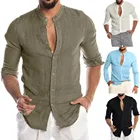 Блузка мужская с круглым вырезом, Модный повседневный однотонный пляжный топ на пуговицах, с длинным рукавом, хлопковая льняная Повседневная облегающая мешковатая Свободная рубашка-блуза