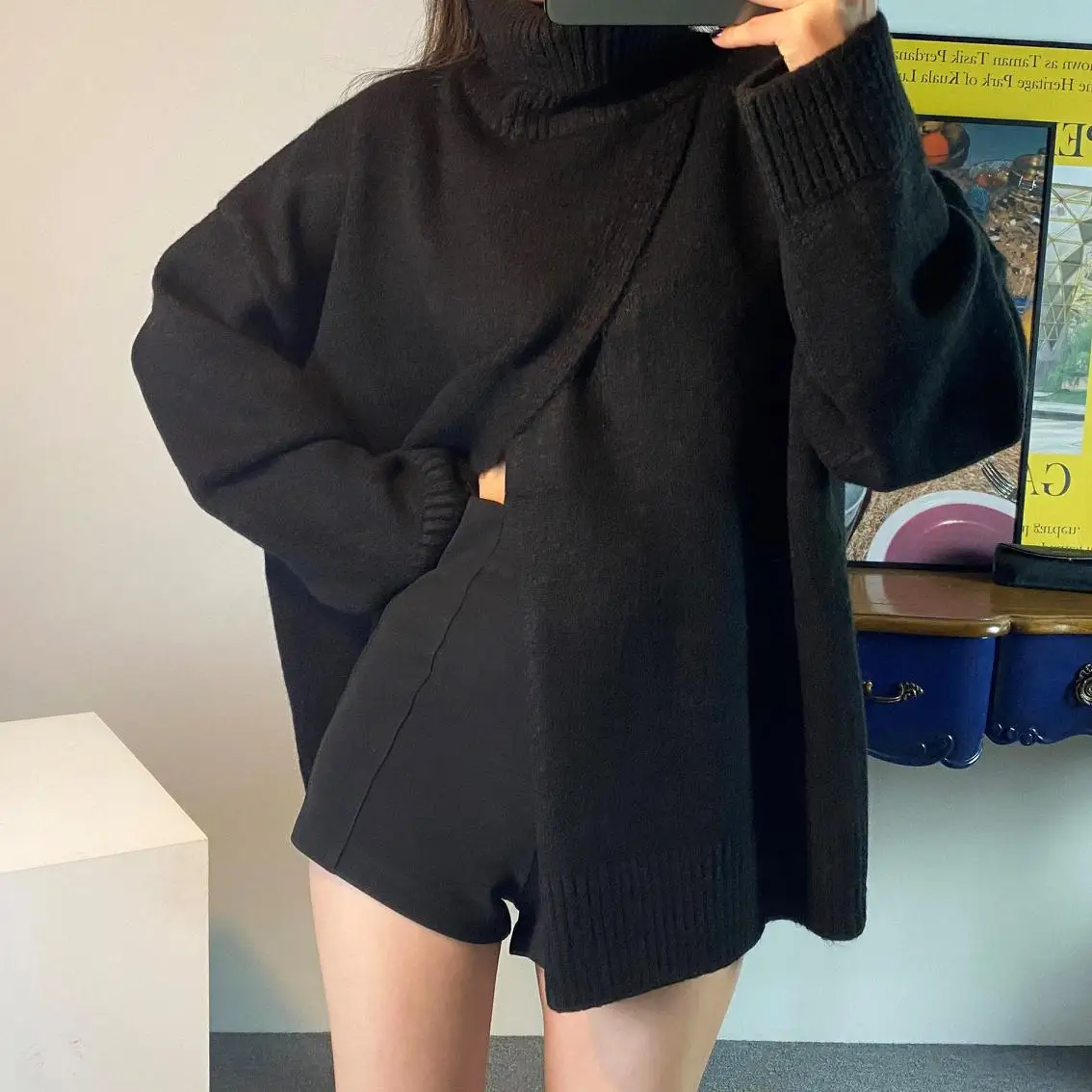 Женский вязаный свитер с разрезом винтажный теплый элегантный пуловер