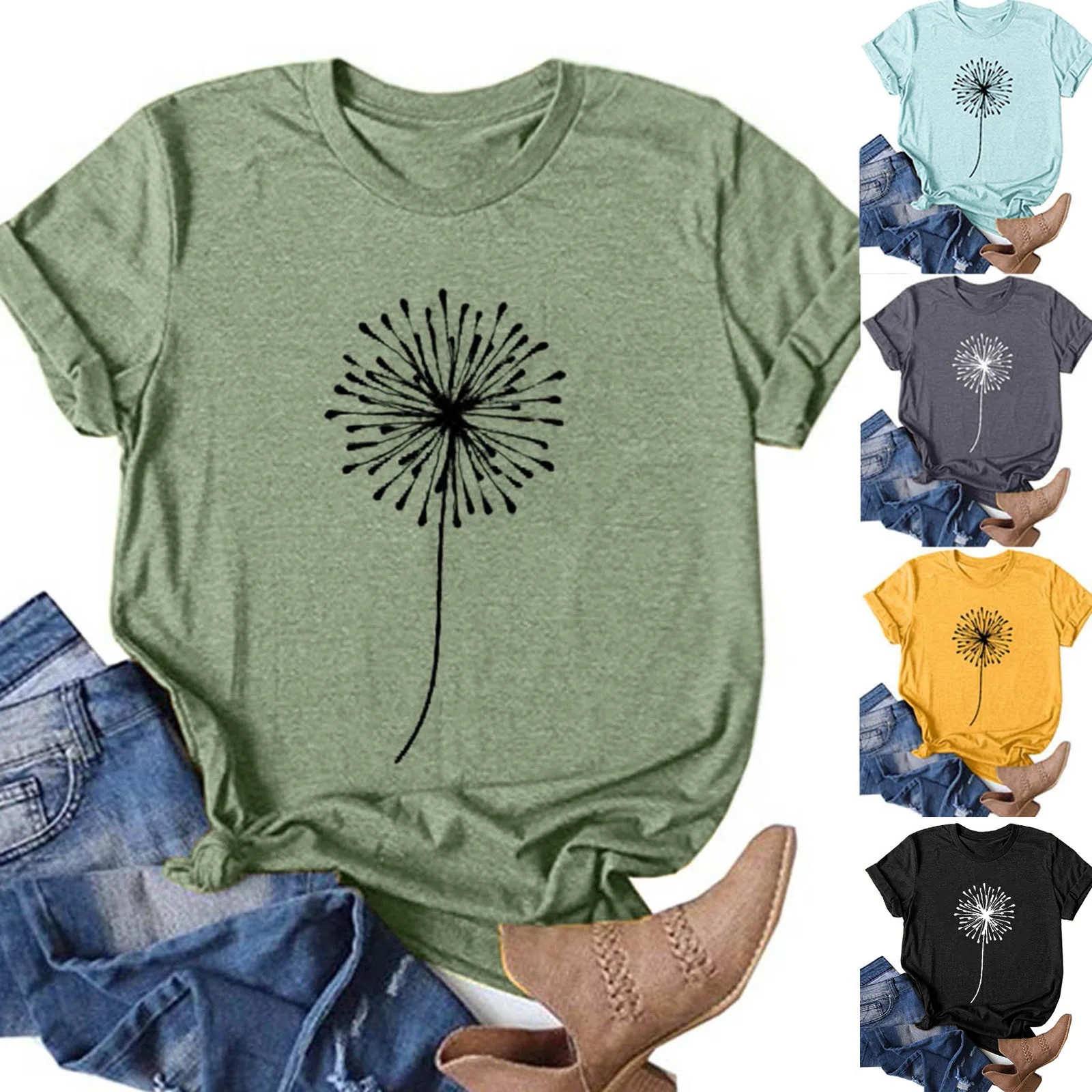 

Plus Size T-Shrits Women Tops Casual Dandelion Printing Short Sleeves O-Neck Tshirt Loose T-Shirt Summer Oversize Tee Shirt 2021