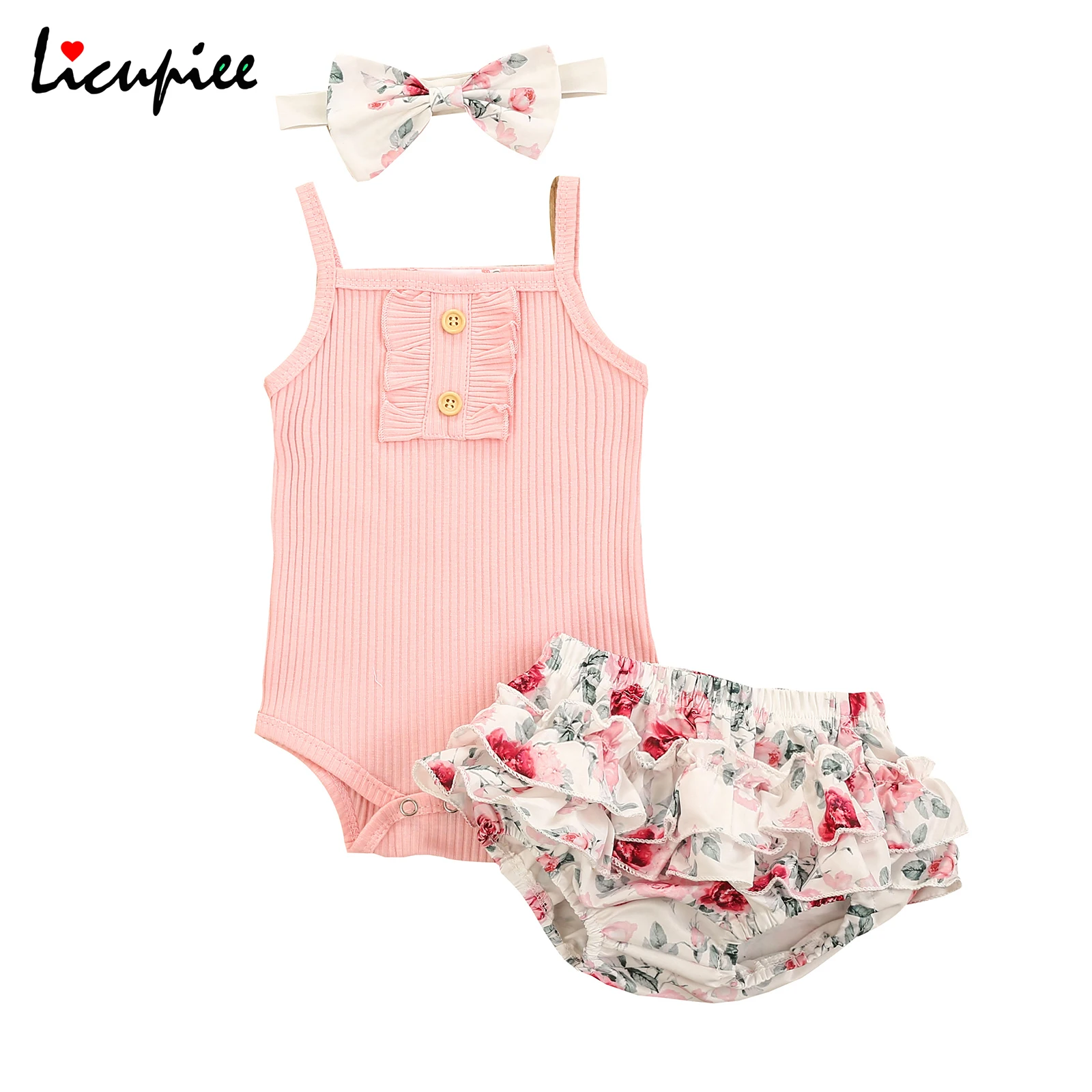 

0-18 Months 3 Pcs Newborn Summer Outfits Baby Girls Sleeveless Collar Romper + Flower Print Ruffle Shorts + Bowknot Headband