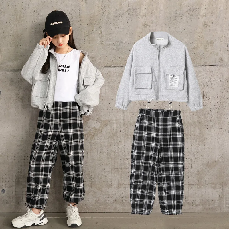 

Girls Sportswear Autumn Kids Sport Outfits Kids Casual Tops Plaid Pants Two-piece Teens School Loose Sets Children's Clothes 8 Y