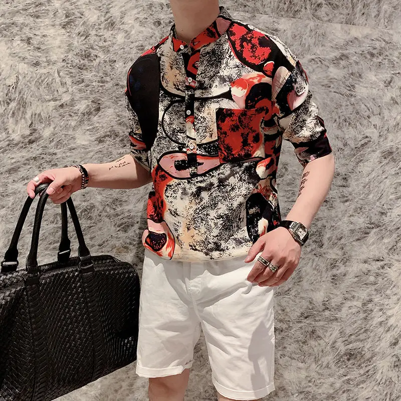 

Camisa Hombre Flores Style Handsome Pullover Floral Shirt Men's Summer Clothes Short Sleeve Mandarin Collar Moda Hombre 2020