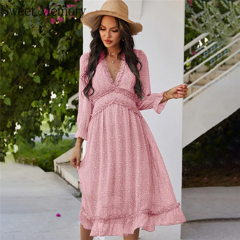 

Sweet Memory Green Pink Blue 2021 Spring Summer Sexy V Neck Print Dress Women High Waist Robe Lady Long Sleeve Chiffon Dresses